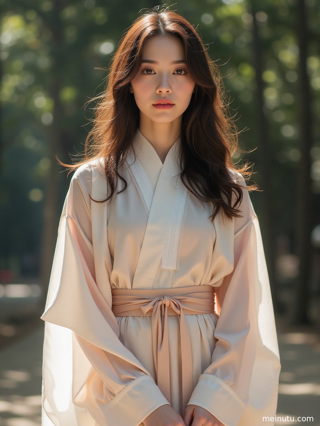 An adult woman in luxurious Tang-style chinese hanfu looks back in a classical courtyard, with flowing skirts arranged like blooming petals.