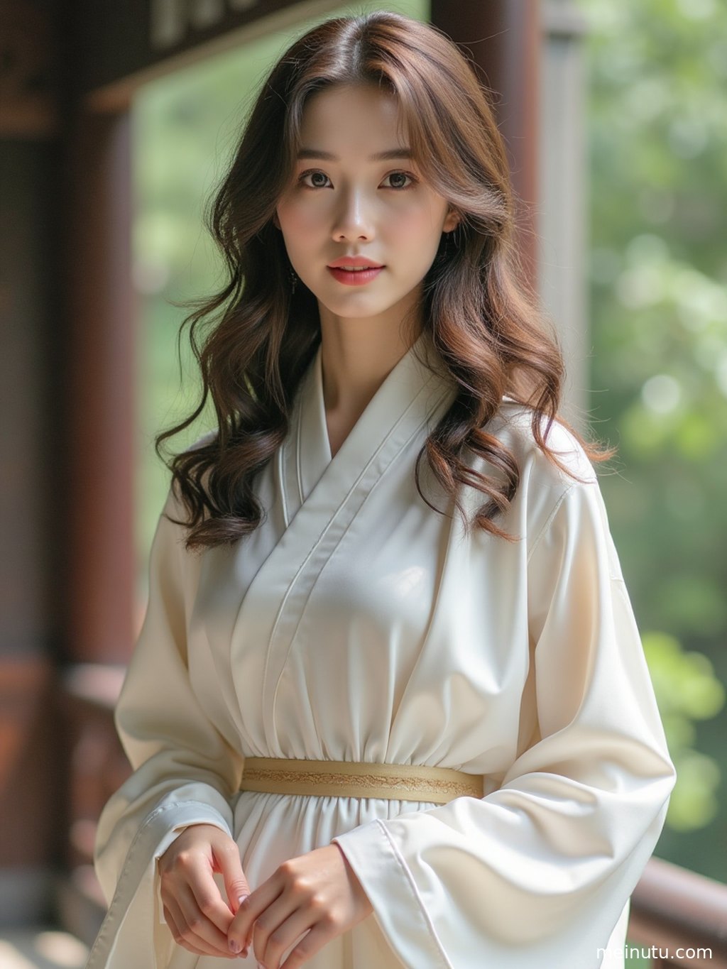 An adult woman wearing ornate Tang Dynasty hanfu holds a round fan, her side profile softly lit against an elegant traditional setting.
