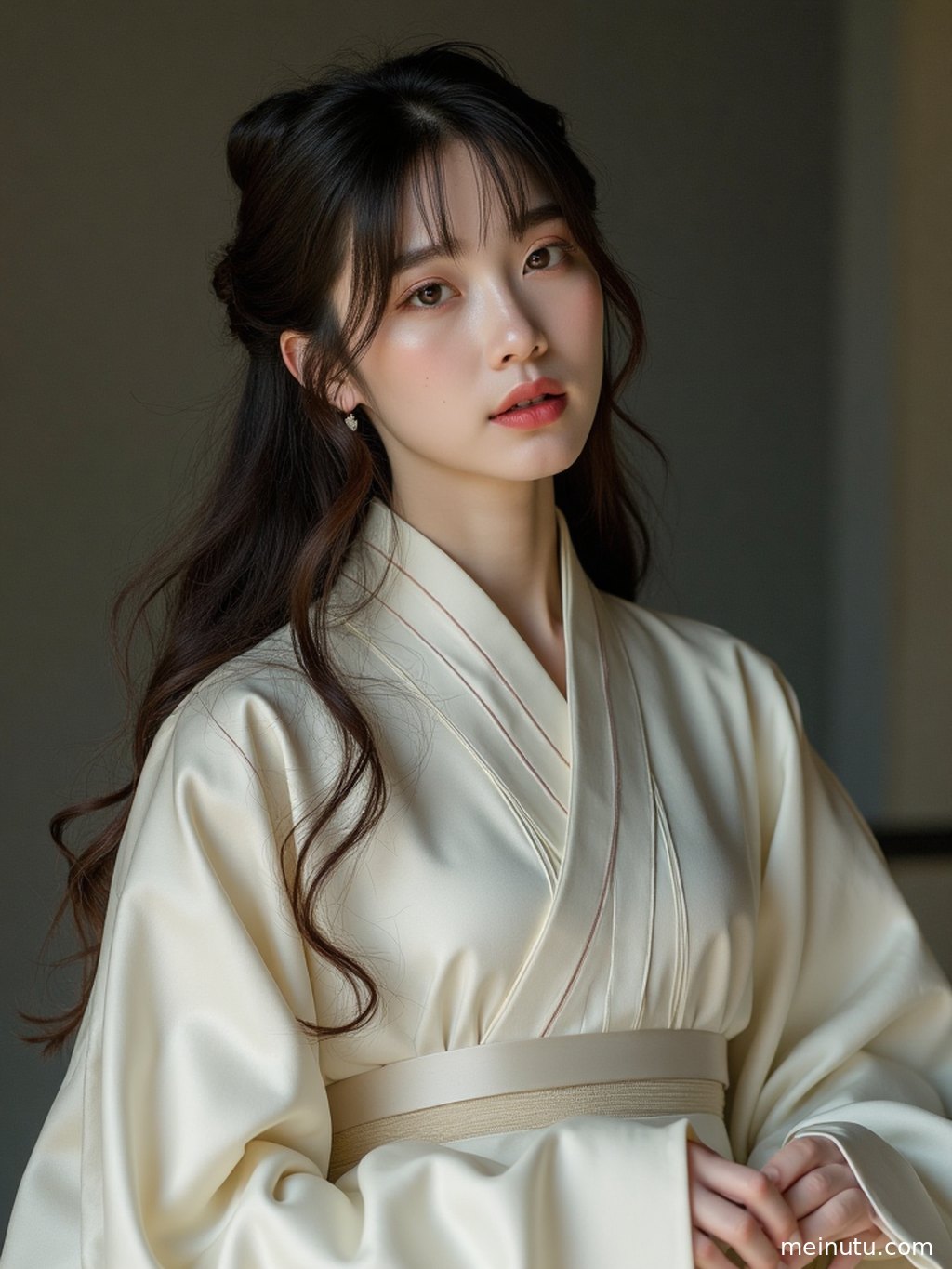 身着华丽唐风汉服的女性，在宫廷庭院中回眸，尽显高贵气质。