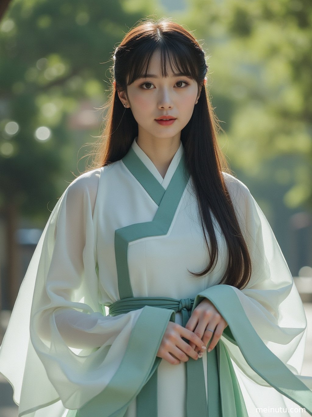 一位女性身披红色唐风汉服，在竹林间翩翩起舞，裙摆飞扬。