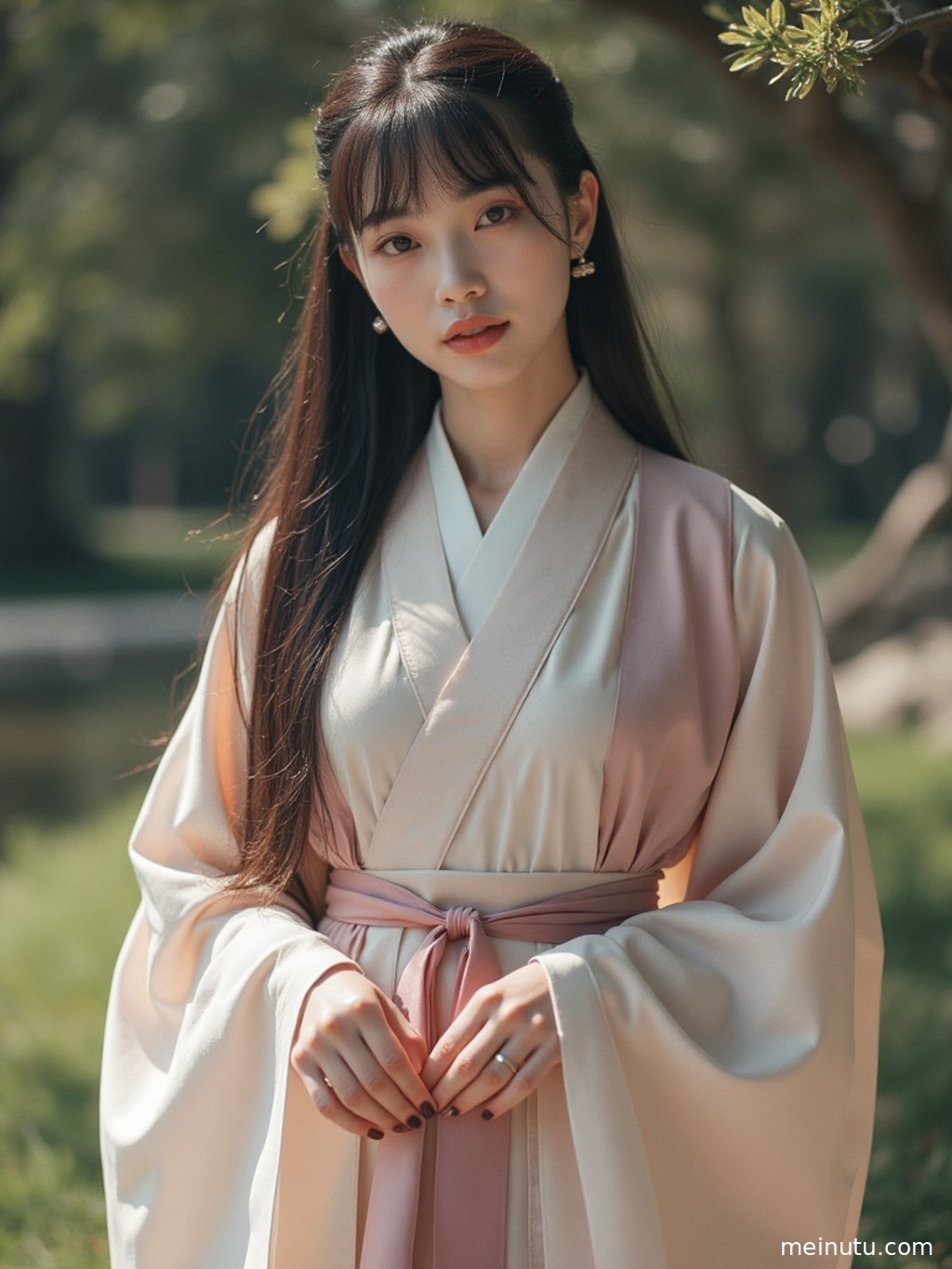 近景特写，展示唐风汉服精美的刺绣细节与金色的华丽配饰。