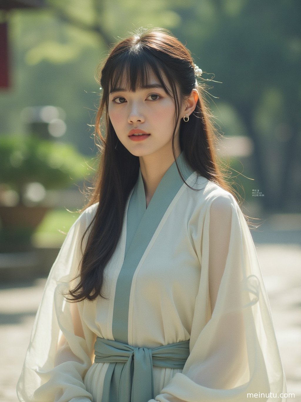 女性在古色古香的茶馆中，手持团扇，展现温婉内敛的盛唐仕女风范。