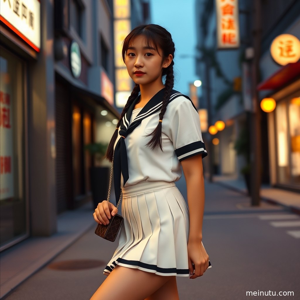 近景特写，展现短裙JK制服的细节与女性的精致面容。