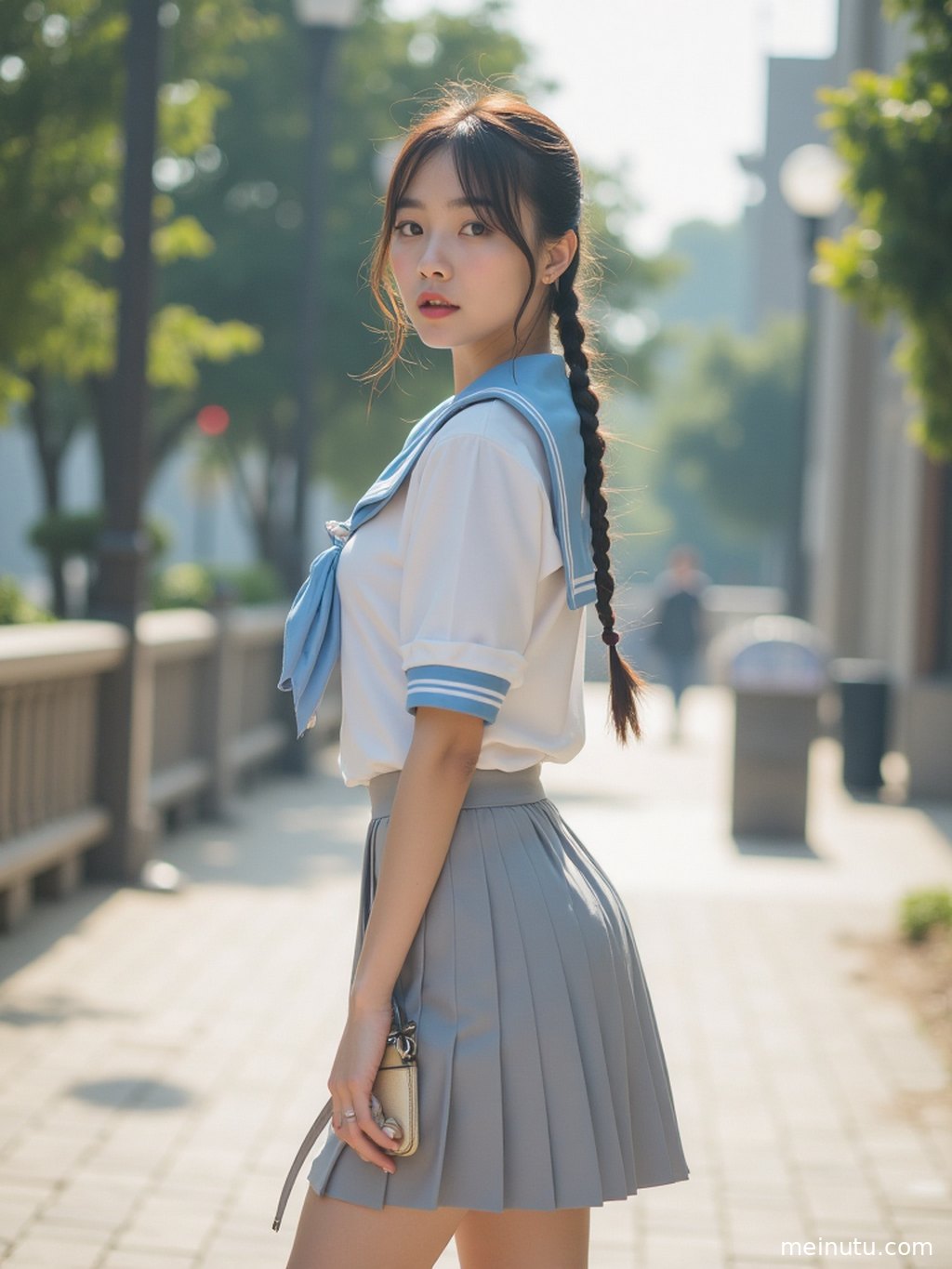 女性身着短裙JK，在柔和晨光中，定格纯净美好的瞬间。