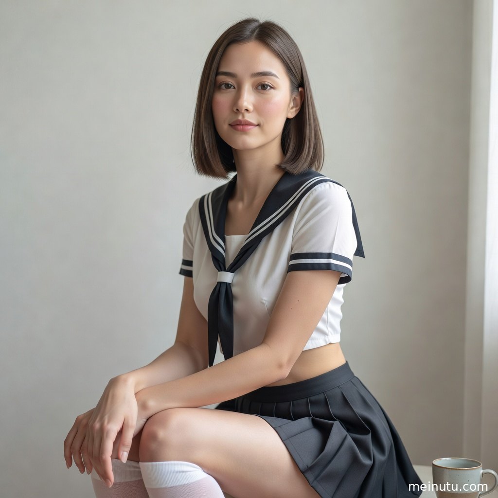 年轻成年女性以低角度姿态呈现海军领制服造型，室内柔光让画面更清透。