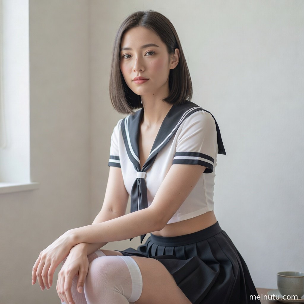 年轻成年女性日系制服写真特写，细腻光影展现面部轮廓与服饰纹理。