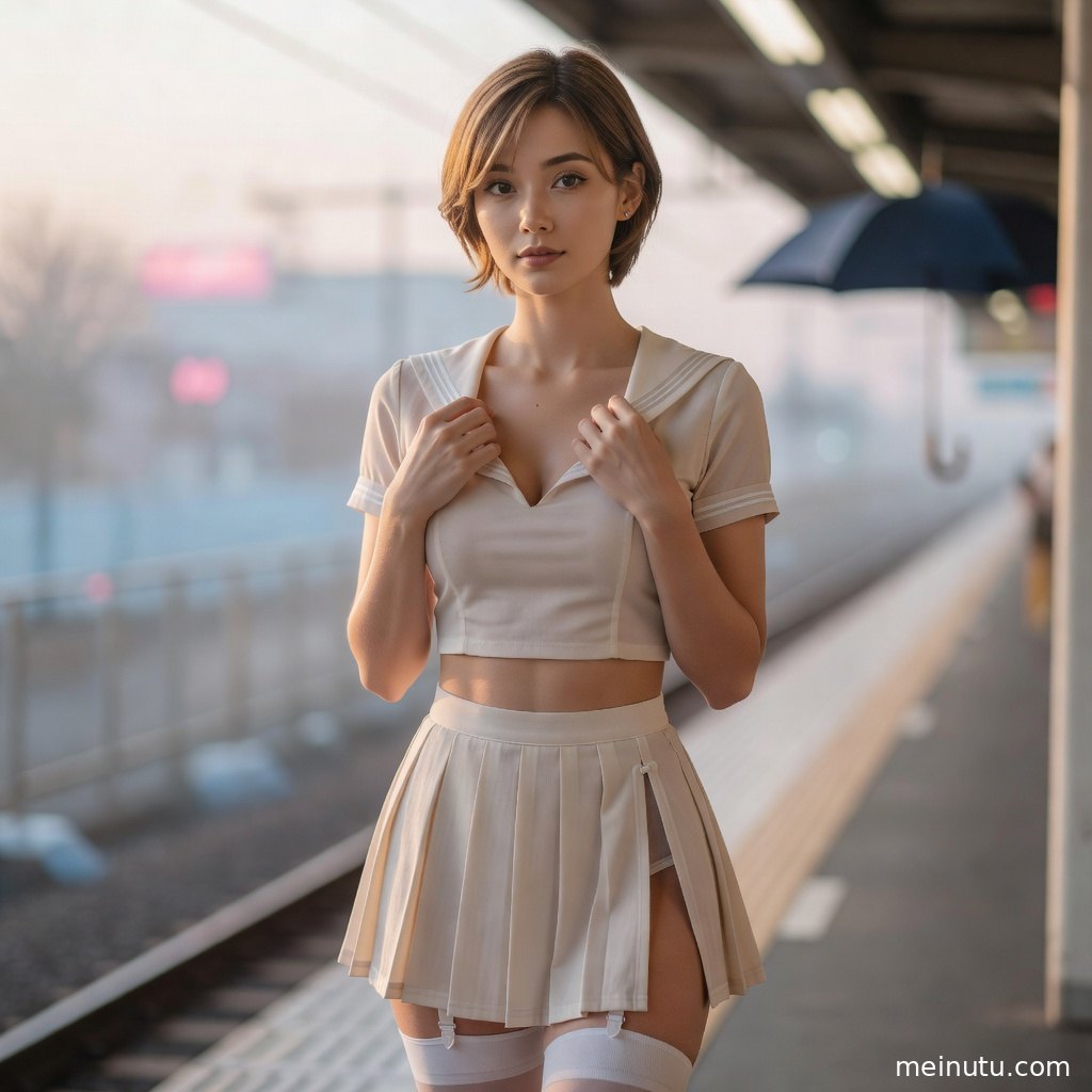 年轻成年女性身穿深色学院风制服倚靠桌边，室内柔光呈现干净甜美的制服写真氛围。
