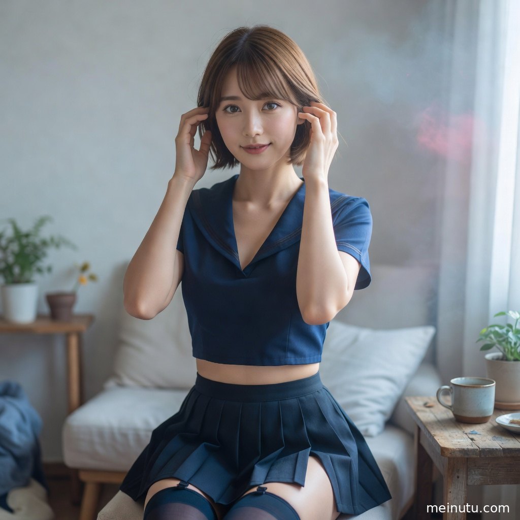成年女子穿白色衬衫与领结制服低角度入镜，柔和逆光突出长袜和裙摆线条。