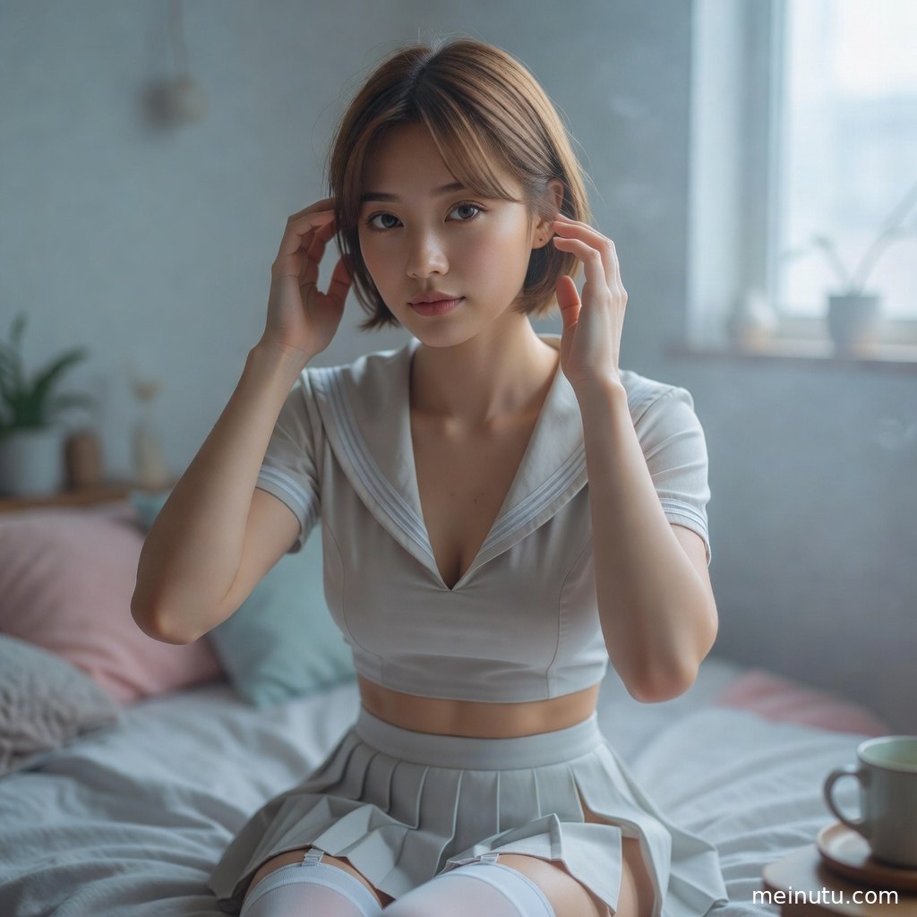 年轻成年女性在暖色房间内展示二次元JK制服造型，高清画质保留服饰纹理与光影层次。