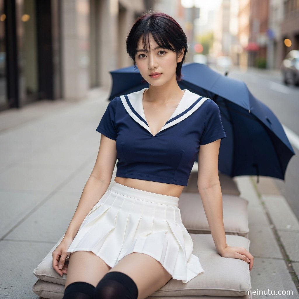 海军领和JK制服造型搭配百褶裙，呈现清新活力的城市街拍画面。