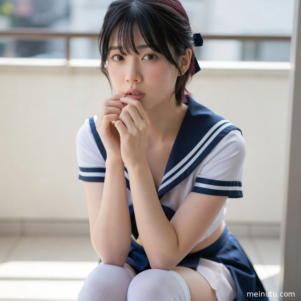 年轻成年女性在柔和日光中漫步，海军领制服写真细节清晰。