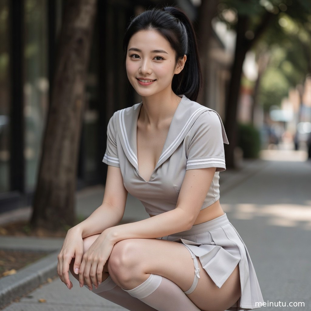 黑丝JK美女在柔光房间中低角度入镜，白衬衫与百褶裙细节清晰。