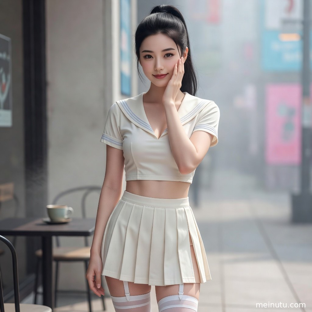 年轻成年女性以日系制服造型倚坐窗边，室内自然光呈现温柔高清质感。
