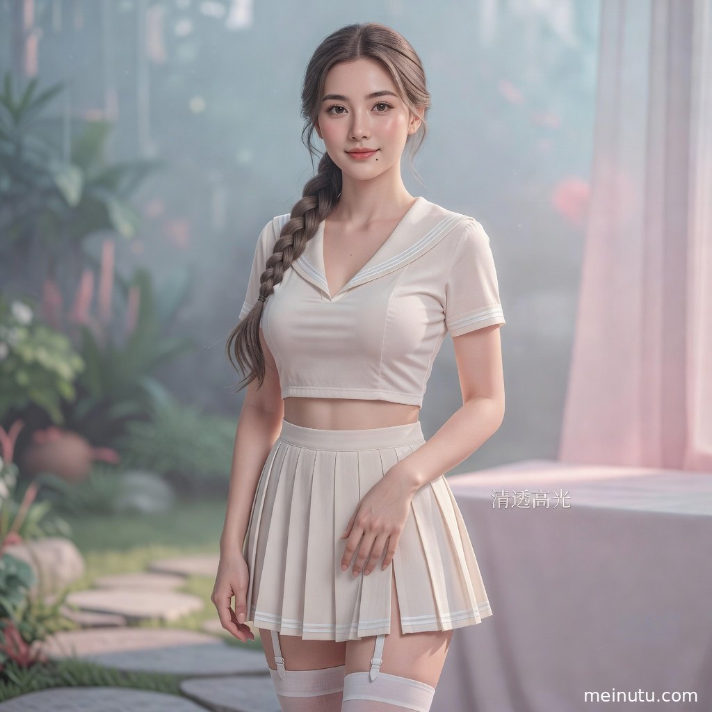 海军领制服造型的成年女性街拍jk图片，浅景深突出清新氛围。