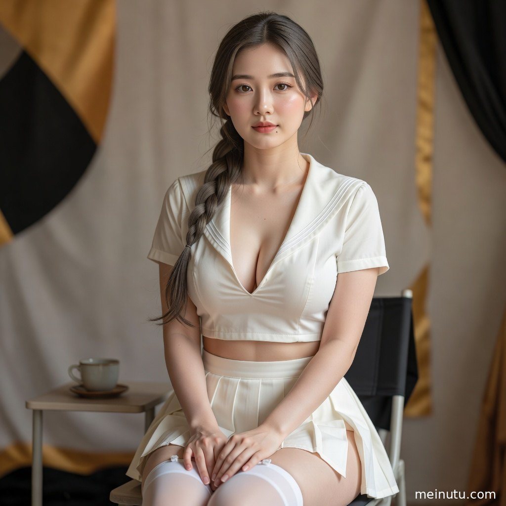 清透高光风格花园人像，年轻成年女性以半身构图呈现制服写真质感。