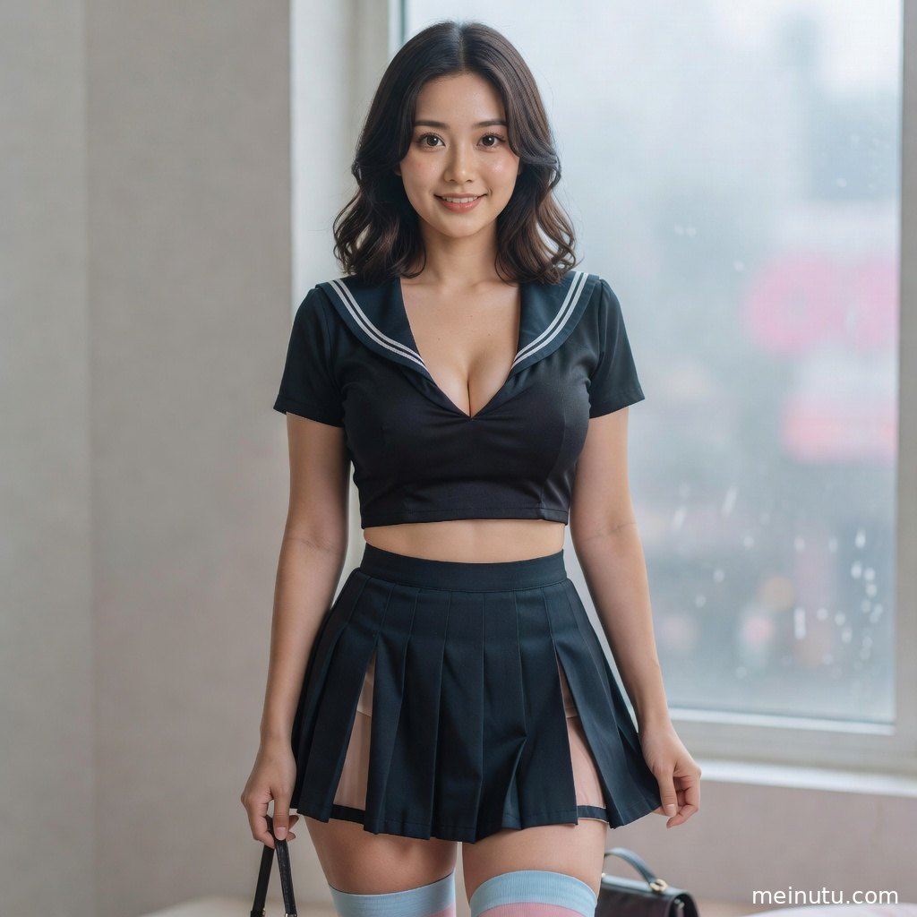 成年女子穿深色学院风制服靠近花园栏杆，明亮高光与自然表情营造甜美写真风格。