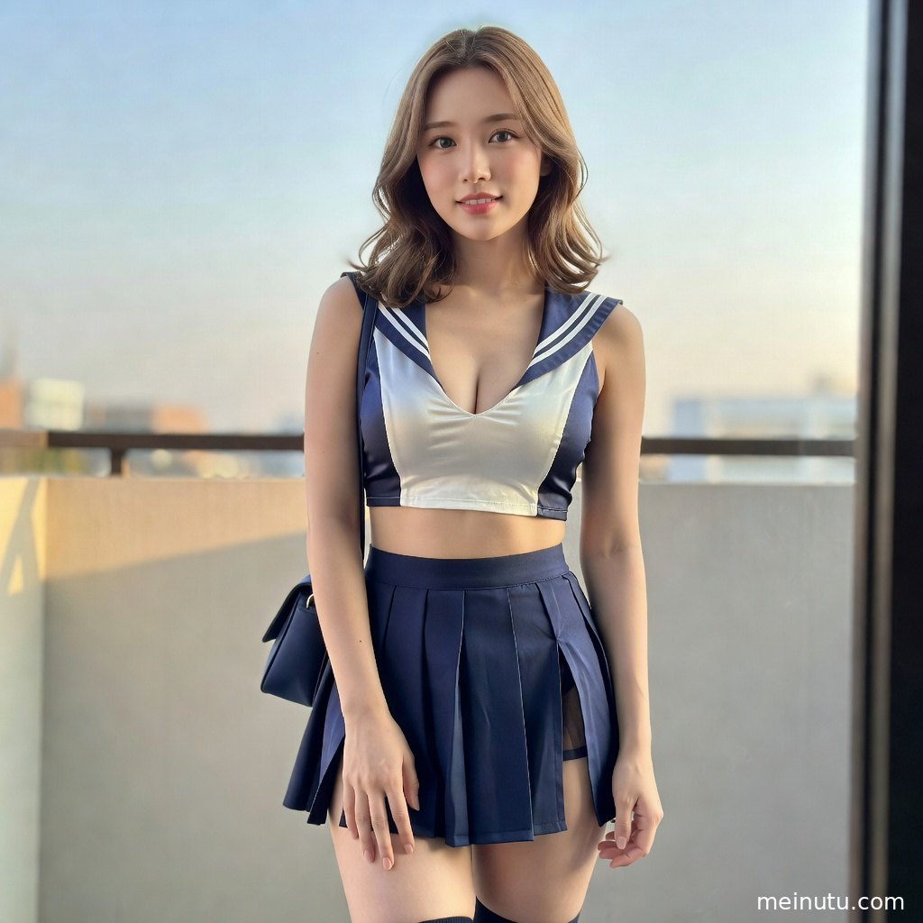 暖色侧光下的街拍JK写真，模特身穿日系制服站在城市街角。