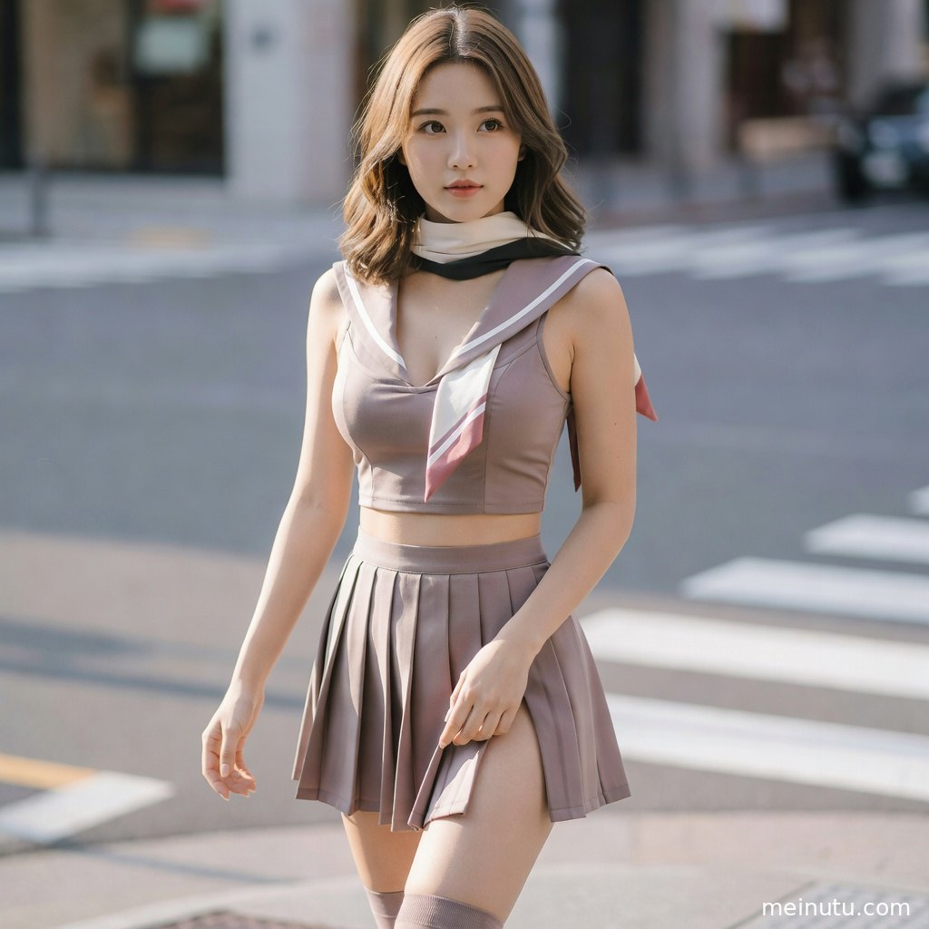 城市路面背景中的制服写真，暖调光影勾勒人物轮廓。