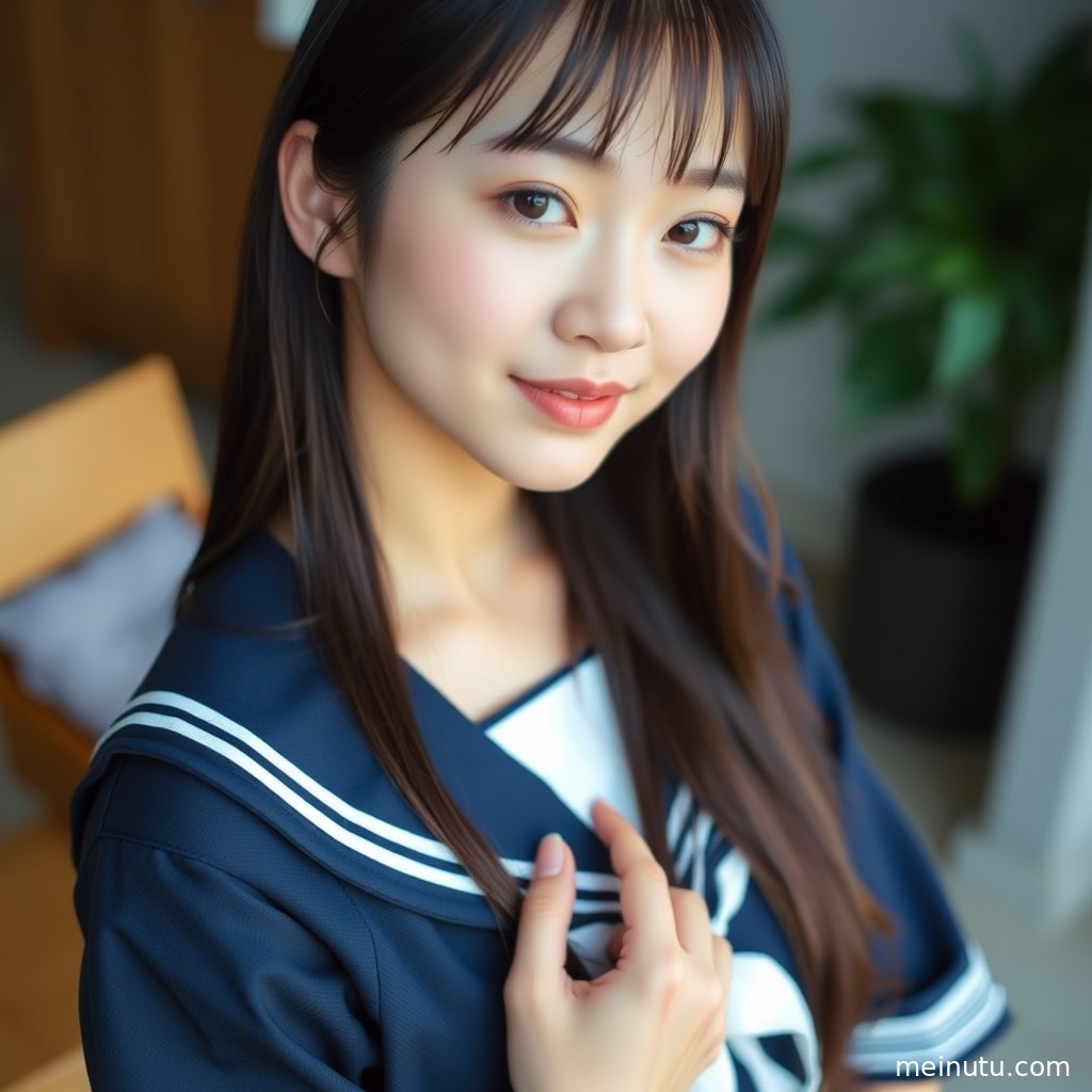 JK黑丝写真全身构图，展现女性穿着经典制服的优雅站姿，漫射光线营造柔和氛围。
