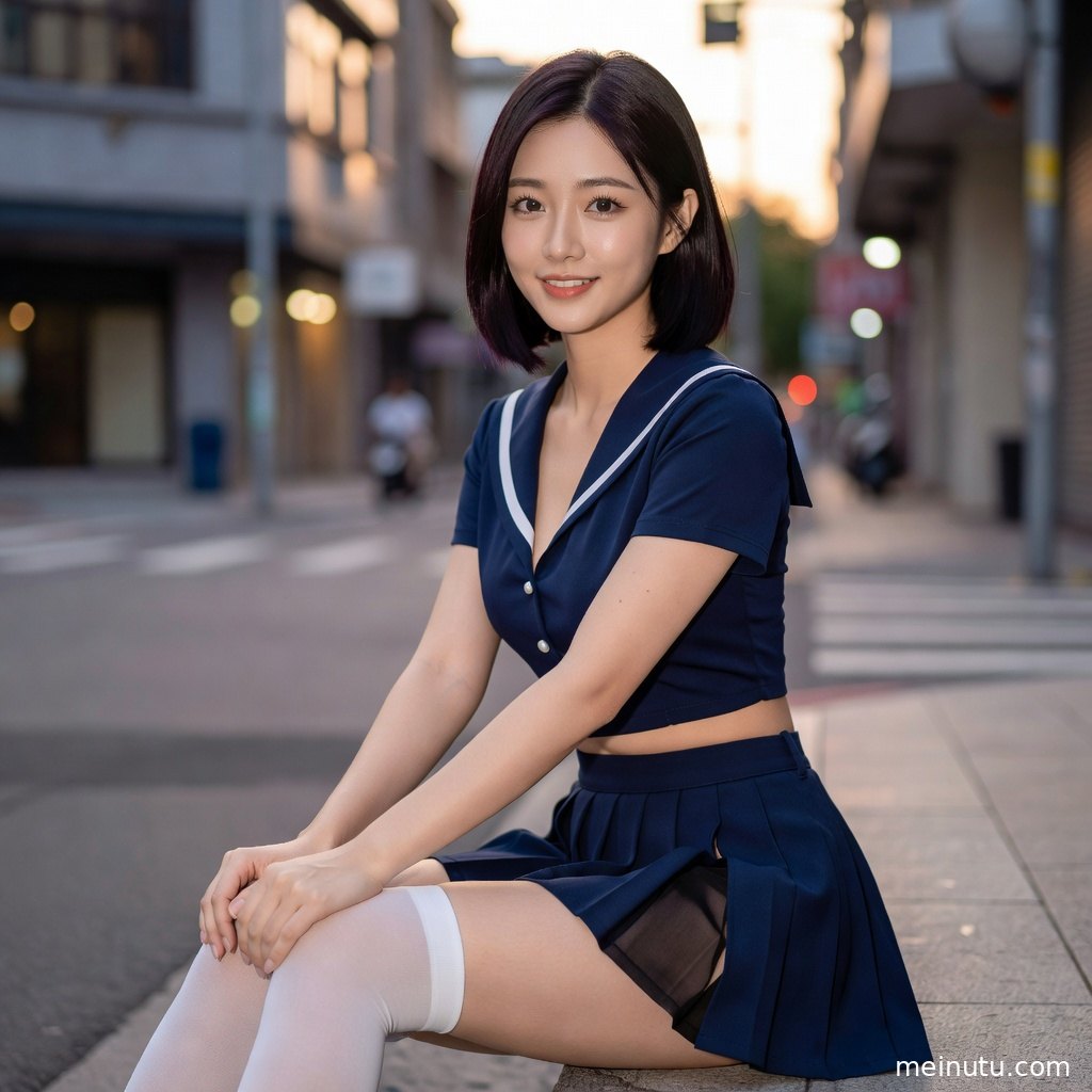 海军领制服搭配百褶短裙的成年女子以低角度街拍呈现清纯成人风氛围。