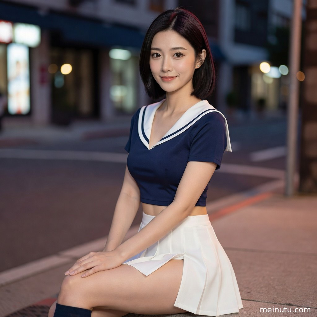 JK风制服写真中成年女性站在城市街景前，逆光勾勒发丝与轮廓。