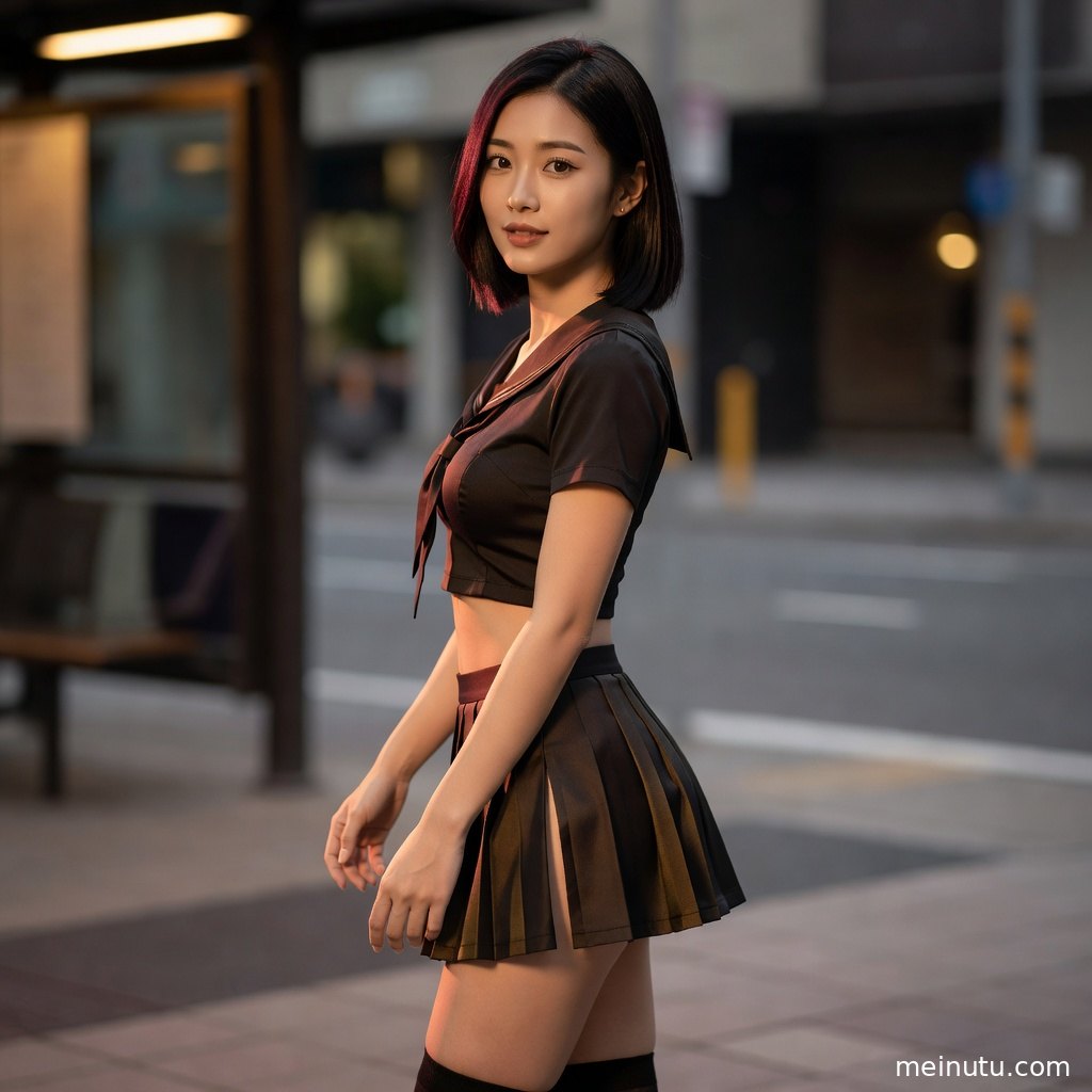 柔和逆光下的jk情趣制服图集画面，突出长袜、短裙与街拍质感。