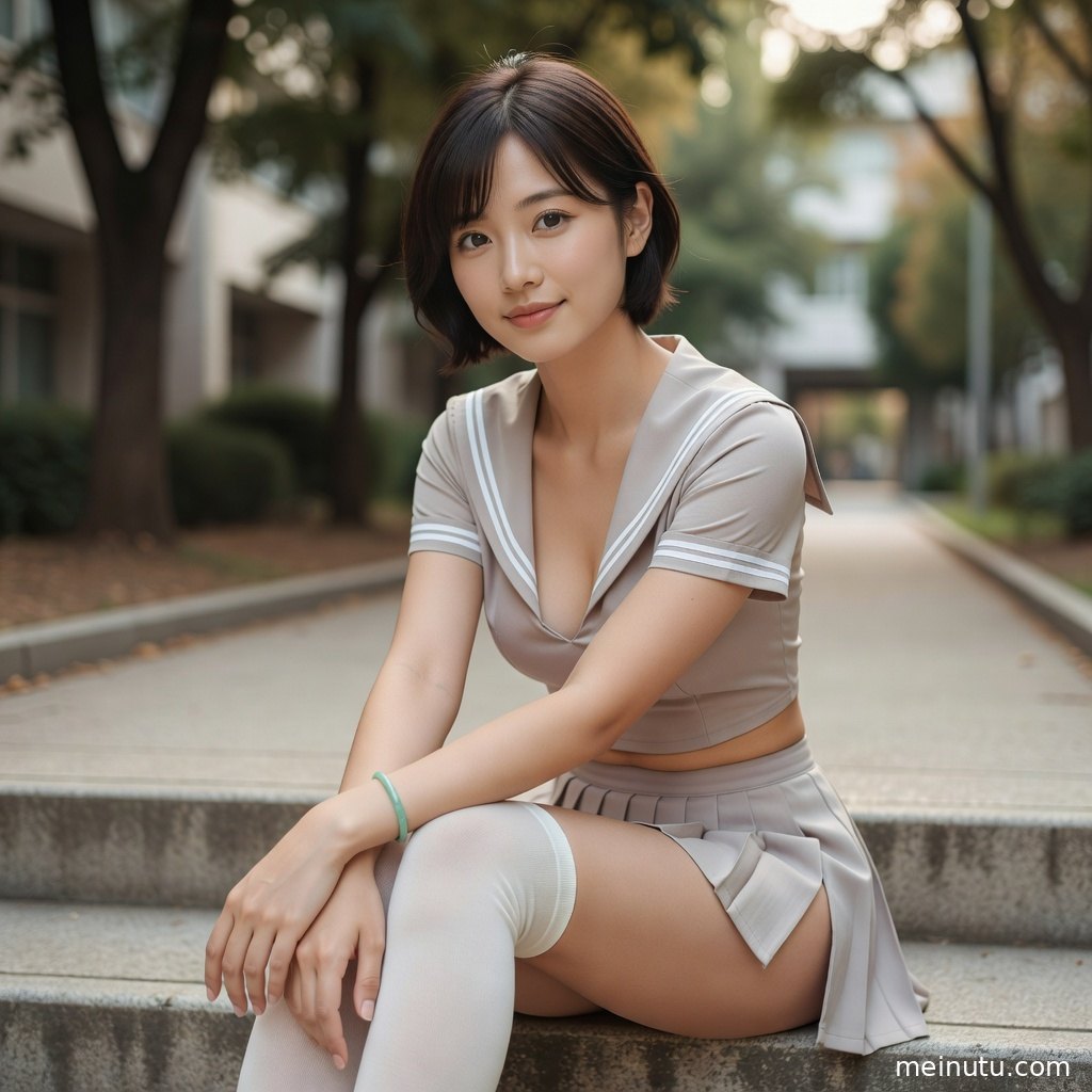 JK美女在城市街景中展示清纯成人风穿搭，海军领制服与自然光线营造明亮质感。