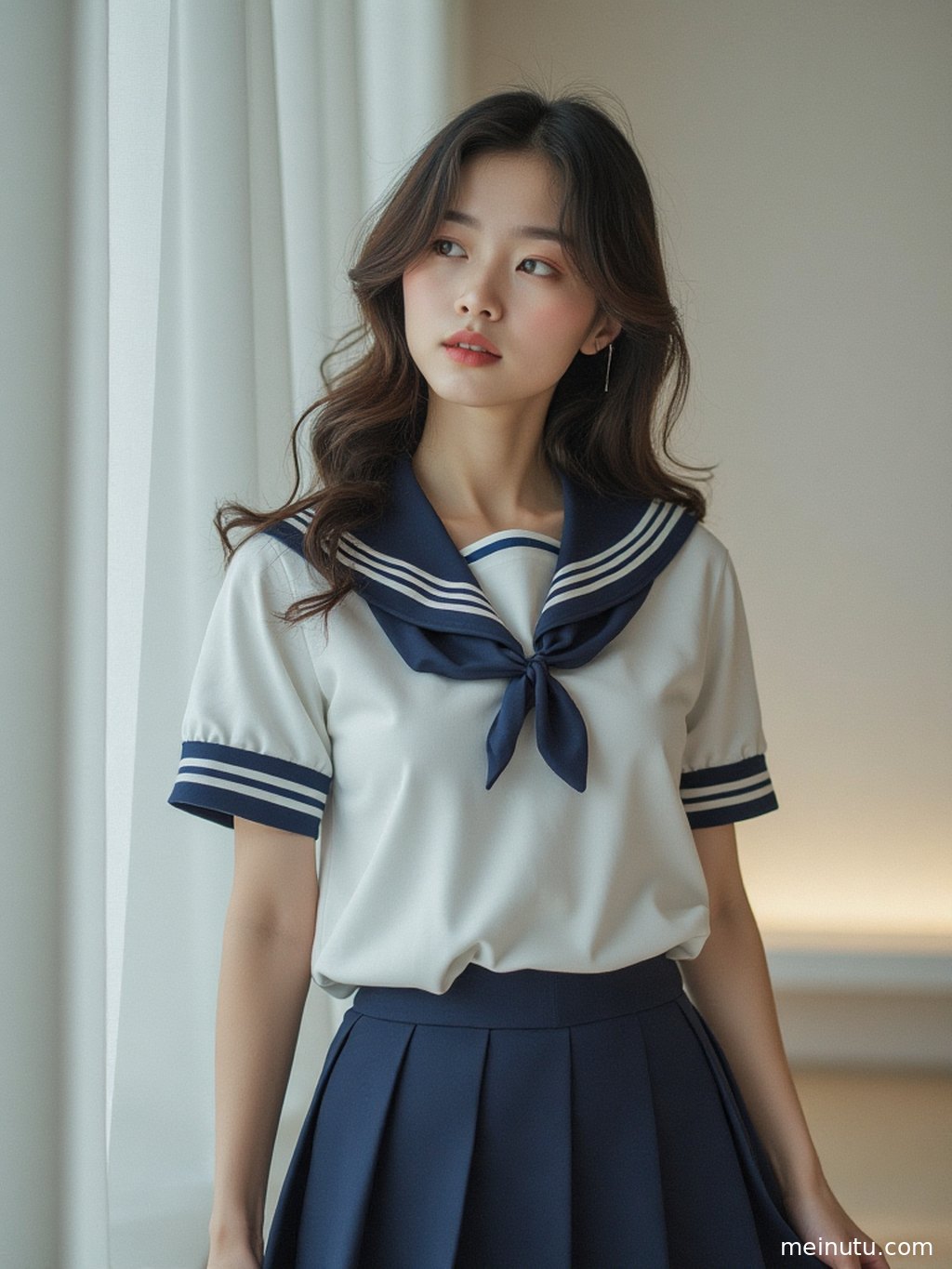 阴天漫射光下，一位女性穿着JK日系制服造型，眼神宁静。
