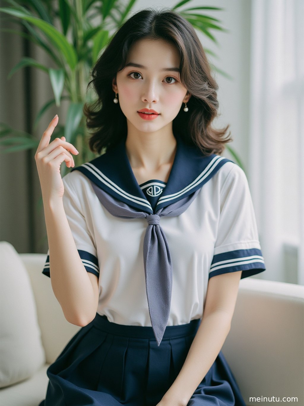 JK日系制服造型的全身照，在柔和的光线下，勾勒出优美的身姿。