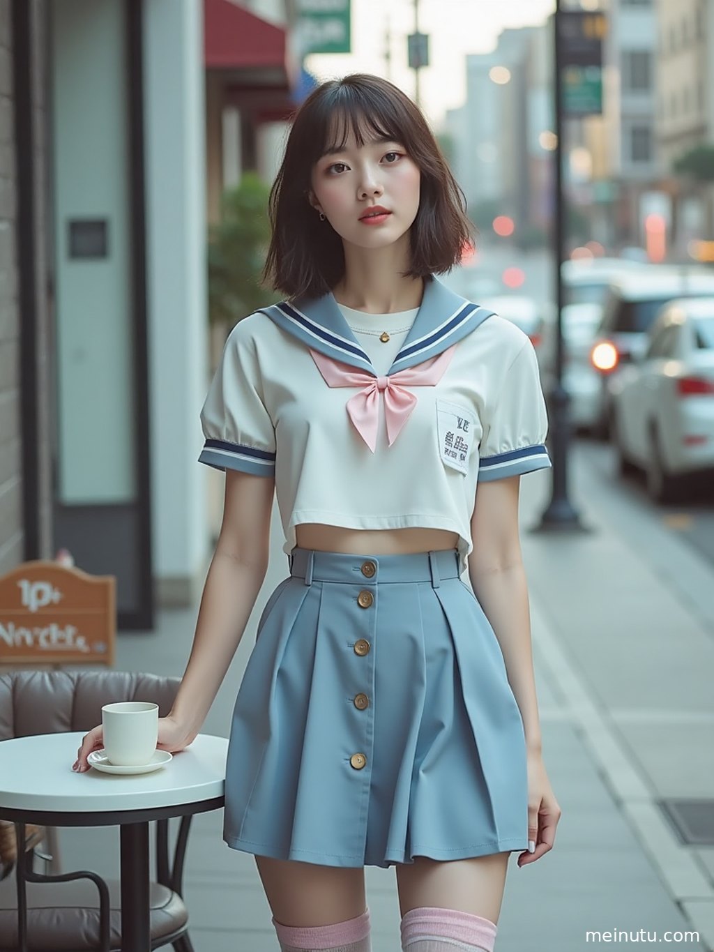 窗边光影下的JK制服女性，眼神清澈。