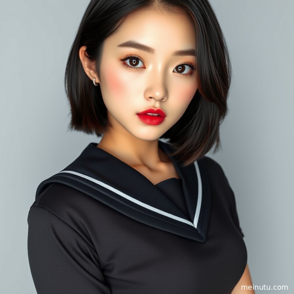 成年女子身着日系制服搭配领结，近景画面呈现明亮肤色、柔顺发丝和干净背景。