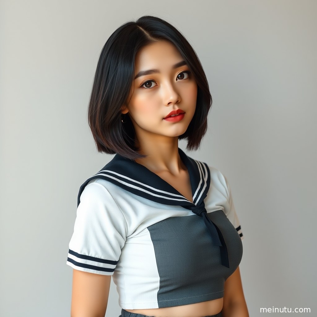 年轻成年女性以自然坐姿面对镜头，晨光打亮制服细节，画面清新通透。