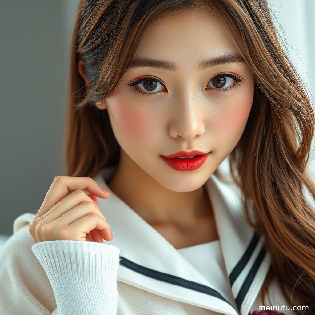 年轻成年女性身穿海军领日系制服与白丝，在街角暖色侧光中自然站立。
