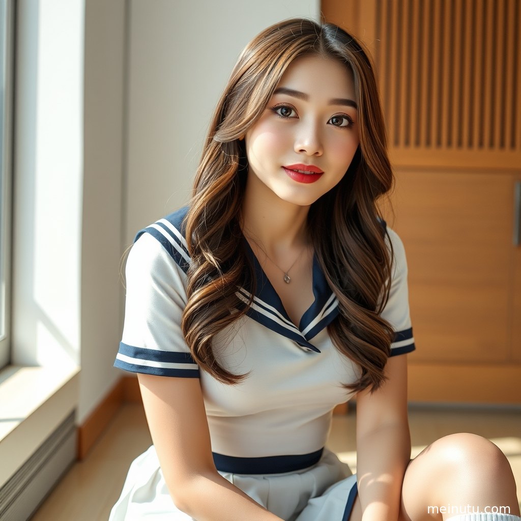 年轻成年女性以jk制服白丝造型坐在台阶上，俯拍视角突出服饰层次与街拍氛围。