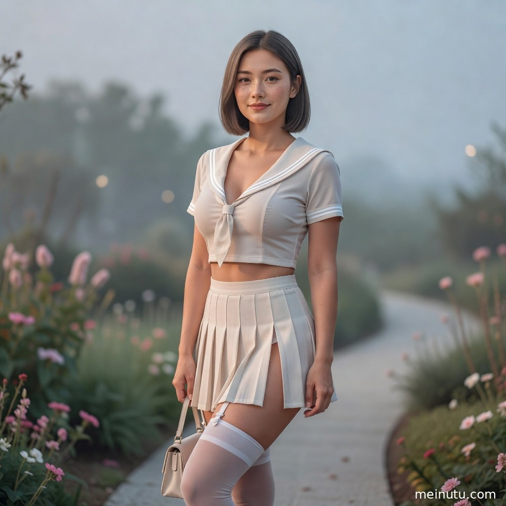 年轻成年女性以衬衫和百褶裙造型出镜，手提制服包站在柔和窗光旁，氛围清新通透。