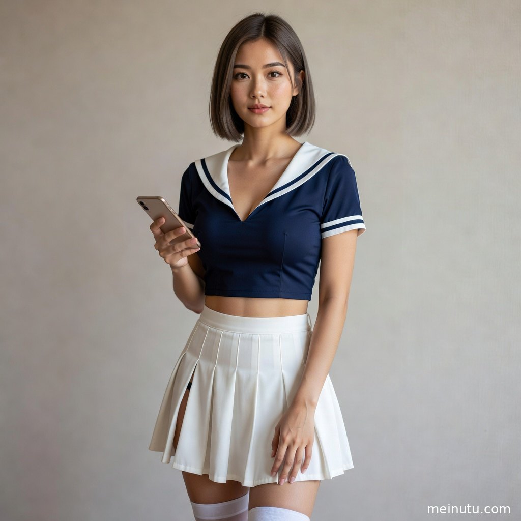 年轻成年女性穿学院风制服坐在明亮室内，制服包置于身侧，整体呈现温柔高清写真质感。