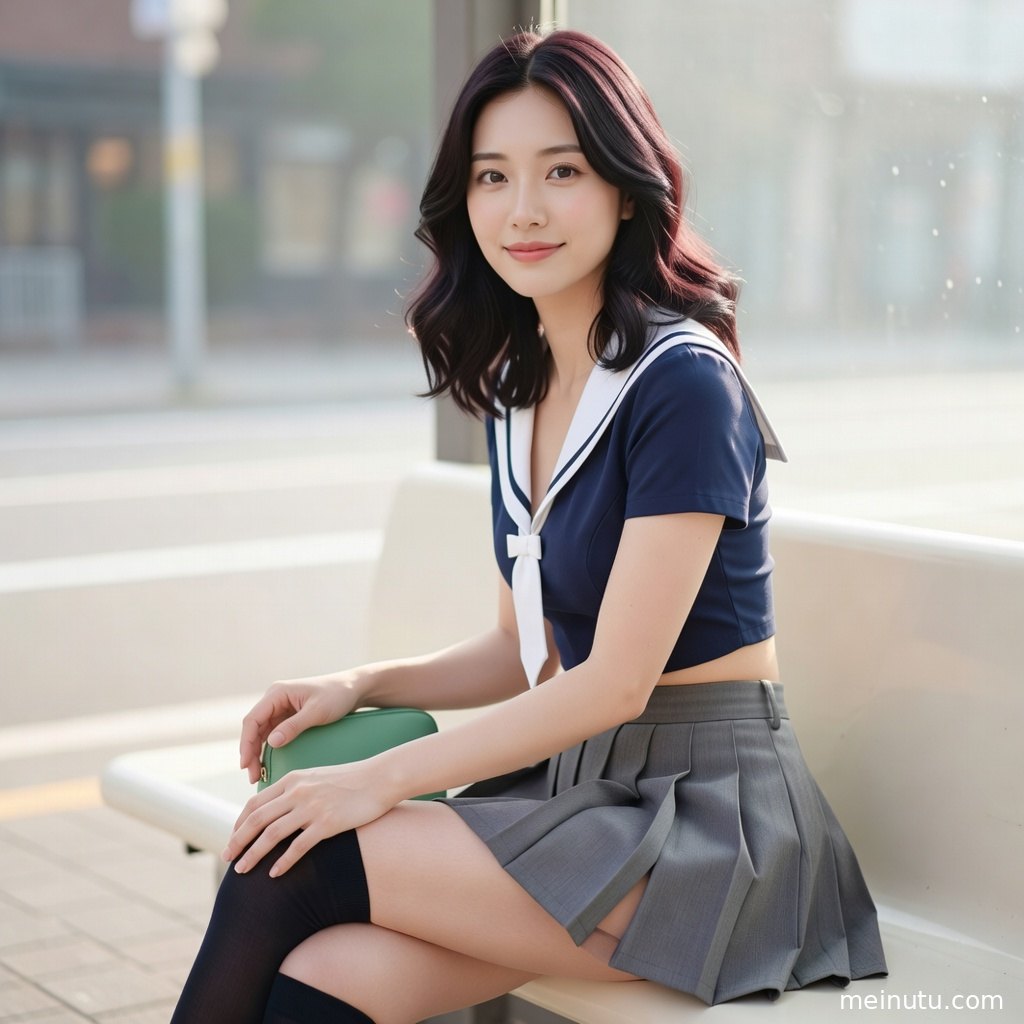 成年女子以轻盈律动姿态面对镜头，晨间光线勾勒领结、裙摆与明亮肤色层次。