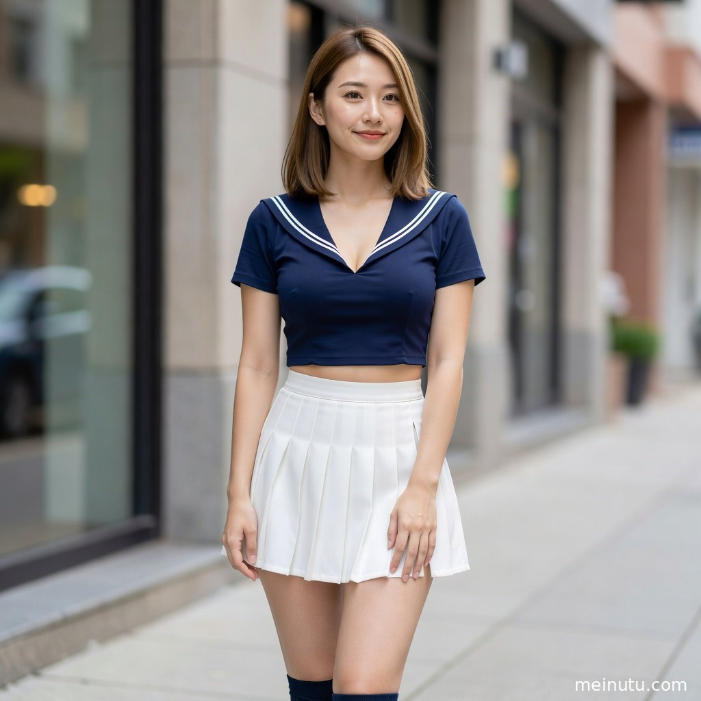 暖色侧光洒在学院风制服长裙上，成年女性全身画面展现海风与柔和氛围。