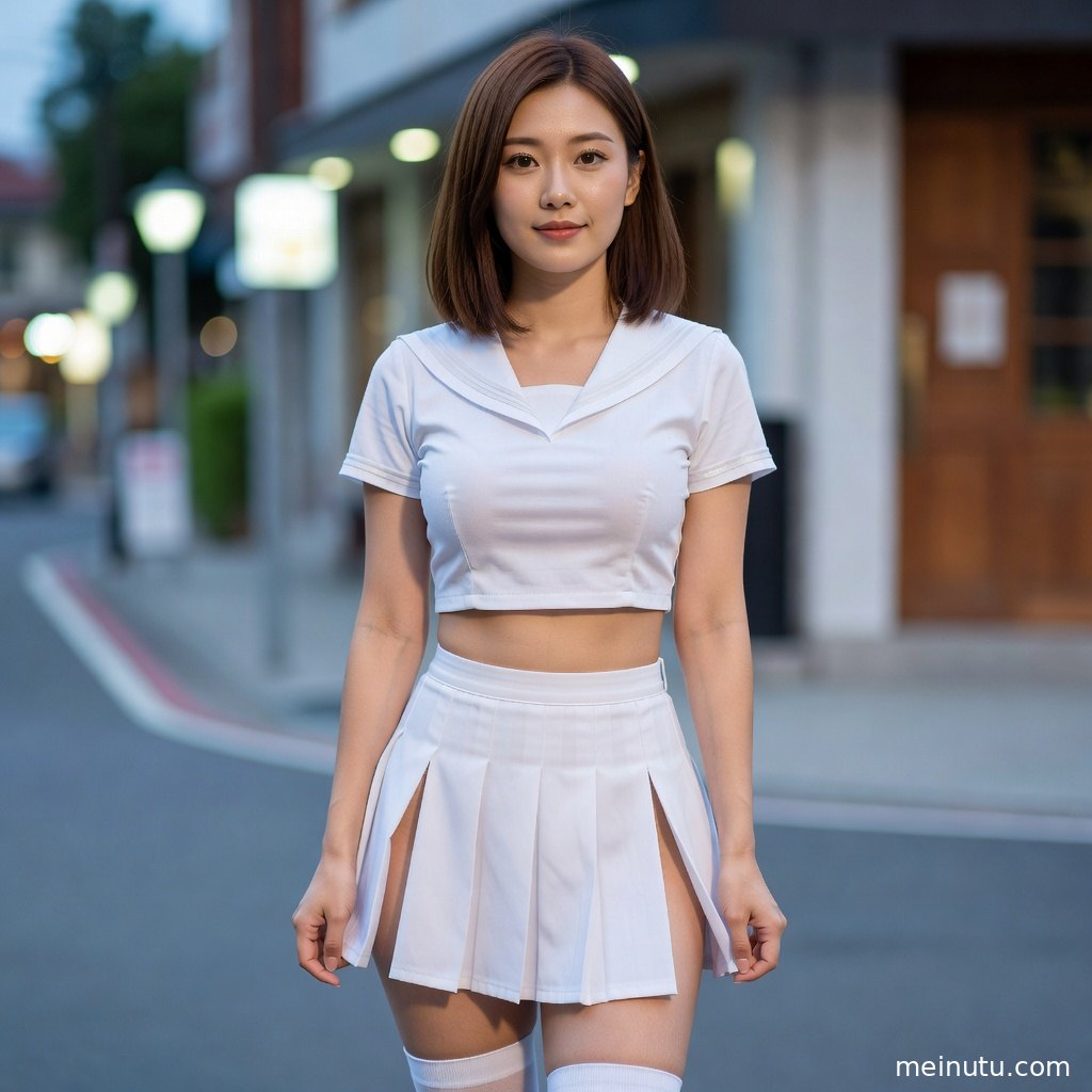 年轻成年女性身着百褶裙制服面向海风站立，海岸天空与柔和侧光营造动漫风写真氛围。