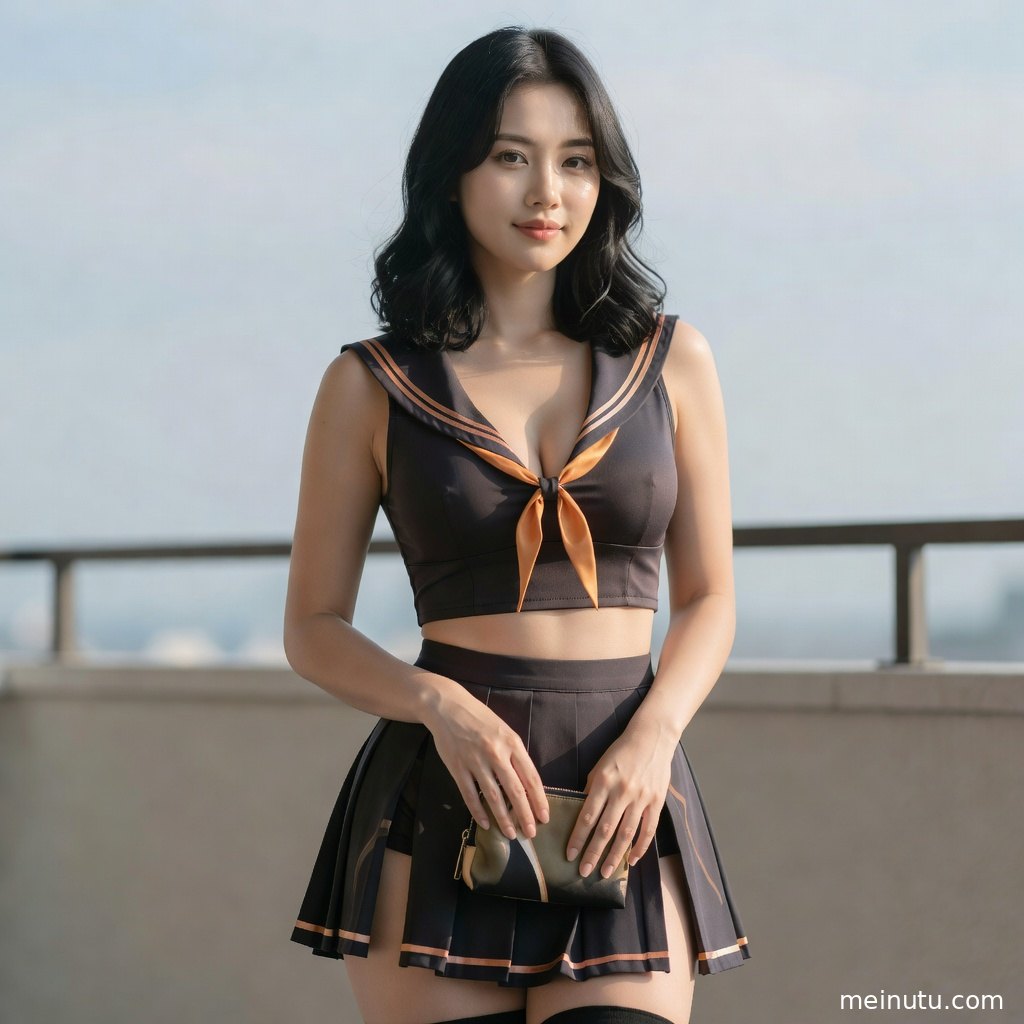 JK制服写真近景呈现成年女子侧脸发型，柔和晨光下百褶裙与海军领上衣质感清晰。