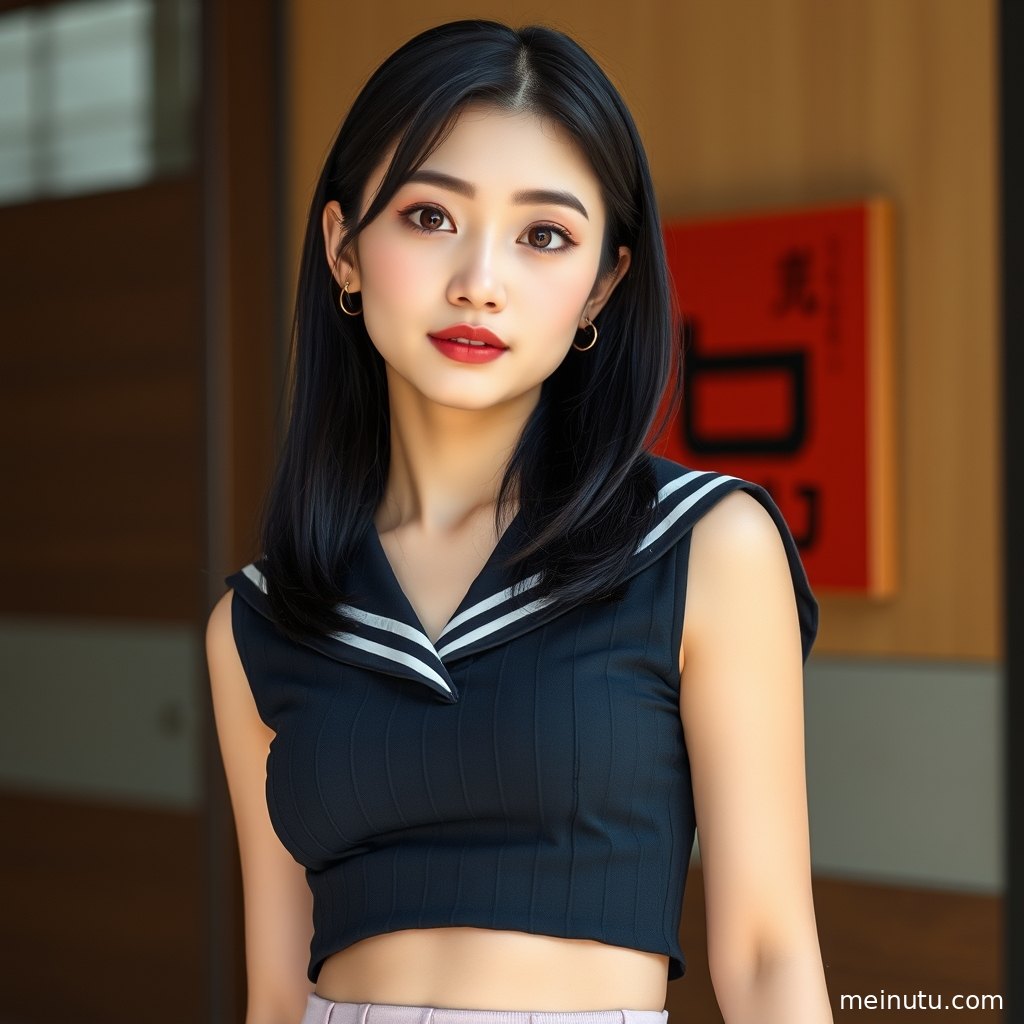 成年女性以清新活力造型出镜，阴天漫射光突出刘海层次、发尾弧度和制服衣料纹理。