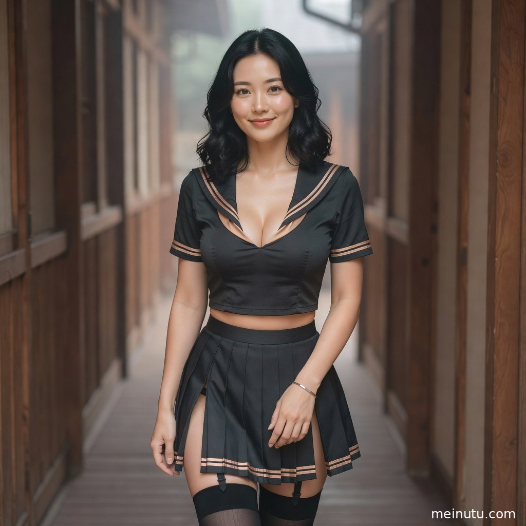 年轻成年女性穿学院风制服倚在浅色背景前，晨光氛围中展现发型近景与甜美气质。