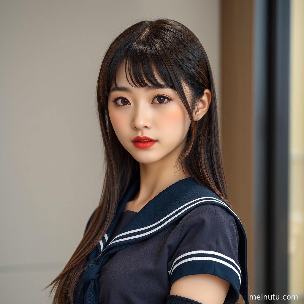 年轻成年女性身着学院风制服靠近窗纱，自然光勾勒柔和脸部轮廓。