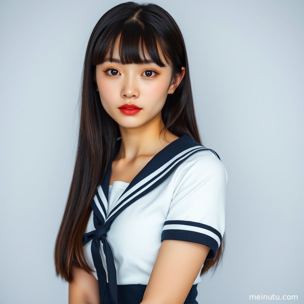 年轻成年女性以白衬衫配百褶裙出镜，窗边高光呈现清新制服写真氛围。