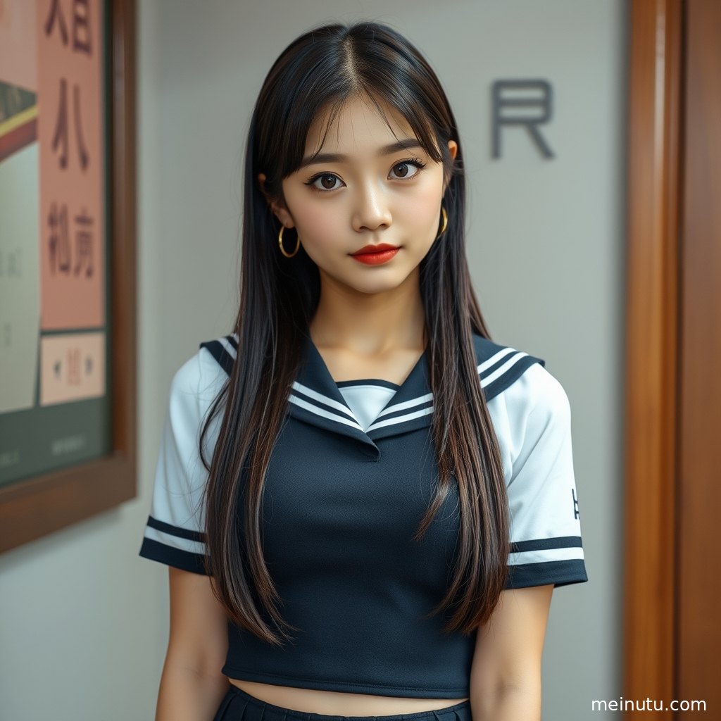 年轻成年女性侧身回眸看向镜头，日系制服造型在明亮窗景中更显精致。