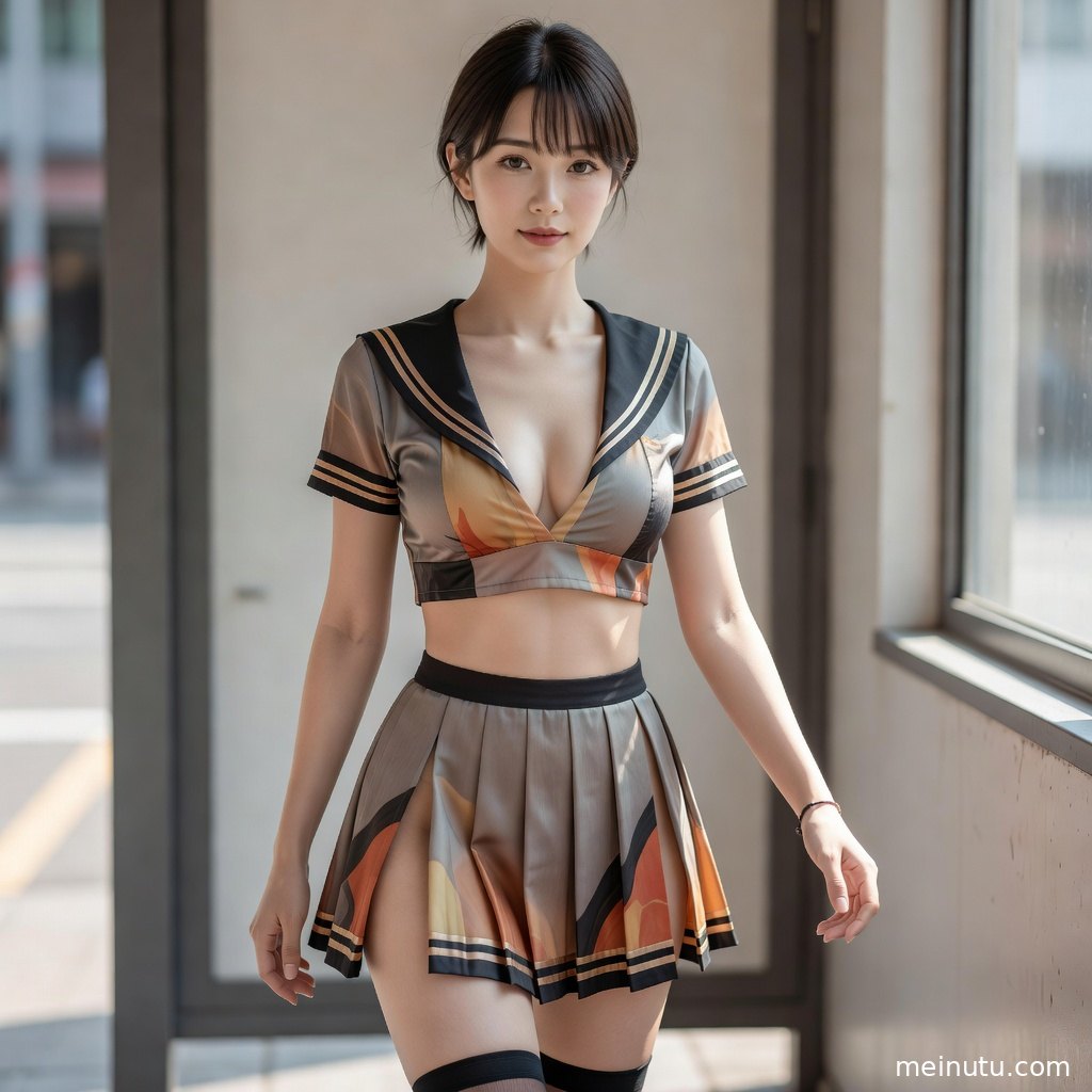 年轻成年女性搭配领结与百褶裙坐在窗边，室内暖光突出JK制服写真质感。