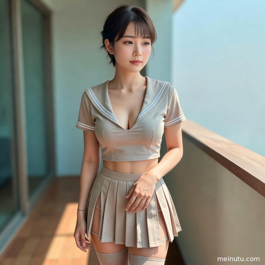 年轻成年女性身穿针织外套与制服裙站在复古房间，侧脸轮廓清晰自然。