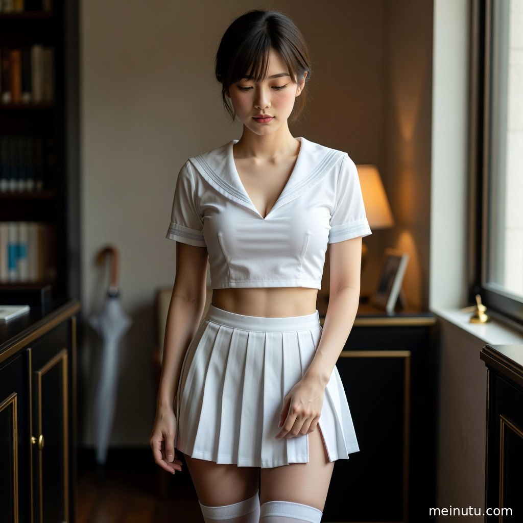 年轻成年女性以清纯成人风造型回望镜头，高清画质展现制服写真细节。