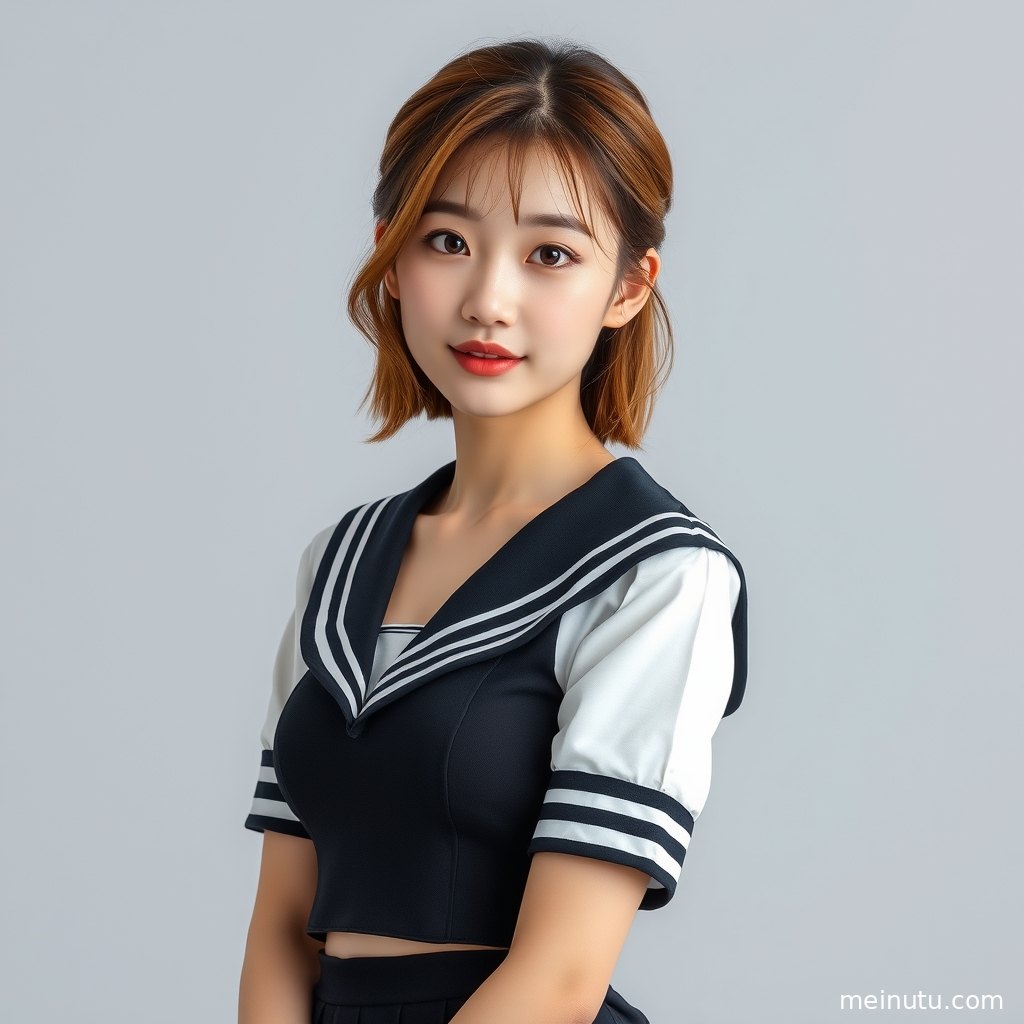 成年女子以学院风制服造型坐在窗边，暖色光影勾勒清新活力的JK美女气质。