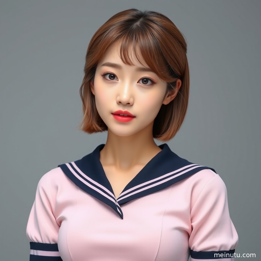 年轻成年女性穿简约日系制服站在木质背景前，柔和光线突出高清美女图片质感。